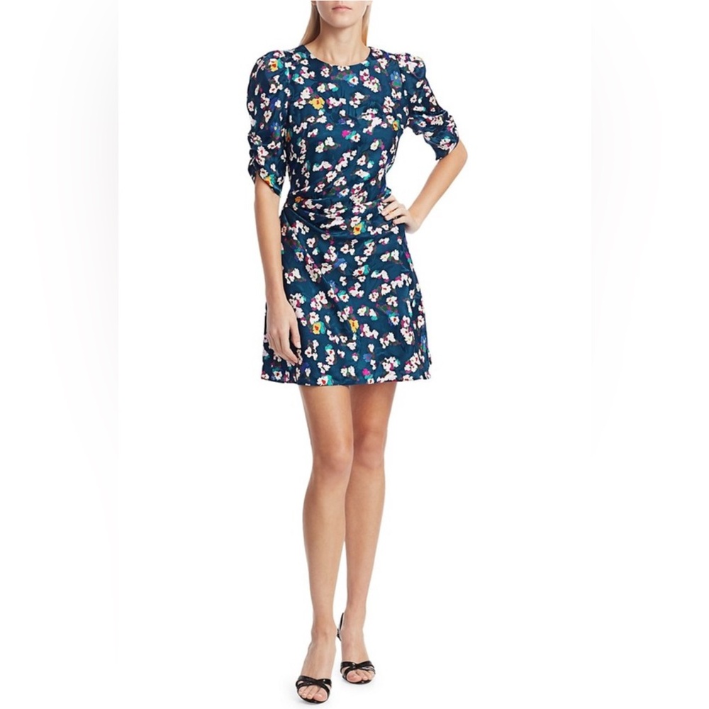 Tanya Taylor Liz Silk Multicolor Floral Dress Puff Sleeve Ruched